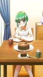 Rule 34 | 1girl, blue eyes, blunt bangs, blush, bow, cake, cake slice, coffee, crossed arms, curtains, doukyuusei another world, embarrassed, food, fork, game cg, green hair, hair bow, head tilt, iijima miyuki, indoors, kakyuusei, kneehighs, long sleeves, looking at viewer, official art, ponytail, short hair, sitting, socks, solo, sweater, table, white socks, yellow bow, yellow sweater