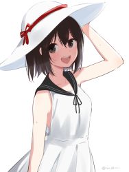 Rule 34 | 1girl, :d, bare arms, bare shoulders, black ribbon, black sailor collar, blush, brown eyes, brown hair, commentary request, dress, from side, hat, hat ribbon, ica, kantai collection, looking at viewer, looking to the side, neck ribbon, open mouth, red ribbon, ribbon, sailor collar, sendai (kancolle), short hair, simple background, smile, solo, standing, sun hat, sundress, sweat, twitter username, white background, white dress, white hat