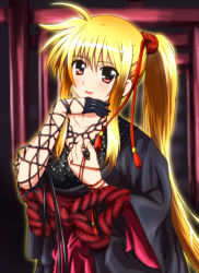 Rule 34 | 00s, 1girl, blonde hair, blush, collarbone, diesel-turbo, fate testarossa, female focus, gloves, hair ribbon, hand to own mouth, japanese clothes, jewelry, long hair, lyrical nanoha, mahou shoujo lyrical nanoha, mizuki nana, red eyes, ribbon, ring, rope, voice actor connection, side ponytail, single glove, solo, torii
