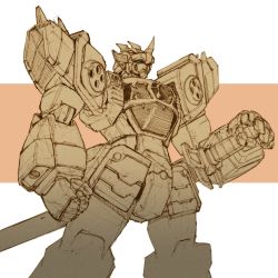 Rule 34 | clenched hand, goldran, green eyes, highres, horns, korean commentary, looking up, mecha, no humans, open hand, ougon yuusha goldran, robot, sheath, sheathed, single horn, solo, standing, super robot, superphotrone, sword, weapon, yuusha series