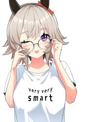 Rule 34 | 1girl, alternate costume, animal ears, bespectacled, breasts, collarbone, commentary request, curren chan (umamusume), english text, glasses, grey hair, highres, horse ears, medium breasts, one eye closed, purple eyes, shirt, short hair, simple background, solo, t-shirt, takuan (taku1219oekaki), tongue, tongue out, umamusume, white background