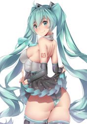 Rule 34 | 1girl, ahoge, aqua hair, ass, backless outfit, bare shoulders, black gloves, black skirt, black thighhighs, blue eyes, blush, breasts, closed mouth, cowboy shot, elbow gloves, from side, gloves, green panties, hair between eyes, hairband, hands up, hatsune miku, high-waist skirt, highres, kanachirou, long hair, looking at viewer, medium breasts, panties, partially fingerless gloves, pleated skirt, shoulder tattoo, sideboob, sidelocks, simple background, skirt, smile, solo, striped clothes, striped panties, tattoo, thighhighs, thighs, twintails, twisted torso, underwear, v, very long hair, vocaloid, white background