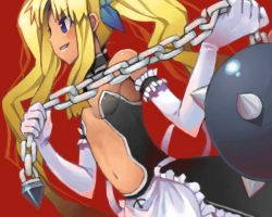Rule 34 | 1girl, bad drawr id, bad id, ball and chain (weapon), bare shoulders, blonde hair, blue eyes, chain, drawr, elbow gloves, female focus, flail, gloves, goe, hair ribbon, juliet, juliet (vanpri), long hair, midriff, morning star, navel, ribbon, solo, spiked ball and chain, twintails, vanguard princess, weapon, white gloves