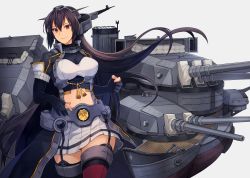 Rule 34 | 1girl, black coat, black gloves, black hair, breasts, brown eyes, closed mouth, coat, cowboy shot, elbow gloves, gloves, grey background, hair between eyes, headgear, highres, kantai collection, kasumi (skchkko), large breasts, long coat, long hair, machinery, nagato (kancolle), nagato kai ni (kancolle), navel, partially fingerless gloves, red thighhighs, rigging, shrug (clothing), simple background, skirt, smile, solo, thighhighs, turret, very long hair, white background, white skirt