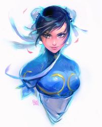 Rule 34 | 1girl, black hair, blue dress, breasts, bun cover, capcom, china dress, chinese clothes, chun-li, double bun, dress, earrings, eyelashes, eyeliner, hair bun, jewelry, lips, makeup, medium breasts, petals, puffy short sleeves, puffy sleeves, ross tran, sash, short sleeves, solo, street fighter, swept bangs, unfinished, upper body, white background