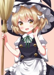 Rule 34 | 1girl, :d, alternate hair length, alternate hairstyle, apron, back bow, black hat, black skirt, black vest, blonde hair, blush, bow, braid, breasts, broom, buttons, collared shirt, cowboy shot, frilled apron, frilled hat, frills, green ribbon, hair bow, hat, hat bow, highres, holding, holding broom, kirisame marisa, looking at viewer, neck ribbon, open mouth, pink background, puffy short sleeves, puffy sleeves, ribbon, ruu (tksymkw), shirt, short sleeves, side braid, single braid, skirt, small breasts, smile, solo, touhou, vest, waist apron, waist bow, white apron, white bow, witch, witch hat, yellow eyes