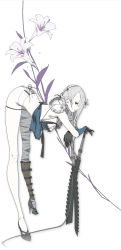 Rule 34 | 1girl, arched back, ass, asymmetrical clothes, asymmetrical hair, bad proportions, bandages, bent over, blade, braid, breasts, chain, cleavage, d.k, duplicate, flower, full body, gloves, hair flower, hair ornament, high heels, highres, kaine (nier), legs, lily (flower), lingerie, long hair, long legs, narrow waist, negligee, nier, nier (series), official art, panties, shoes, silver hair, simple background, solo, standing, sword, thighhighs, transparent background, underwear, weapon, white panties