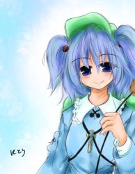 Rule 34 | 1girl, blue dress, blue eyes, blue hair, blush, collar, dress, female focus, flat cap, frilled collar, frilled shirt collar, frills, hair bobbles, hair ornament, hat, kawashiro nitori, key, long sleeves, looking at viewer, matching hair/eyes, simple background, smile, solo, touhou, two side up, upper body, white background