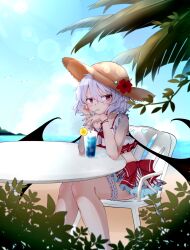 Rule 34 | 1girl, :t, absurdres, beach, bird, blush, bow, bridal garter, clear sky, closed mouth, commentary, cup, day, demon wings, drinking, drinking straw, drinking straw in mouth, enpixi, feet out of frame, fingernails, flower, food, fruit, hair between eyes, hand on own cheek, hand on own face, hands up, hat, hat flower, head rest, highres, lemon, lemon slice, lens flare, lips, looking at viewer, nail polish, ocean, palm leaf, purple hair, red bow, red eyes, red flower, red nails, remilia scarlet, seagull, shirt, short hair, skirt, sky, solo, straw hat, touhou, v-shaped eyebrows, water, white shirt, white skirt, wings, wrist cuffs