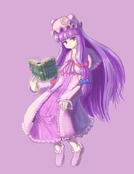 Rule 34 | 1girl, book, bow, crescent, crescent hair ornament, dress, english text, frilled dress, frilled sleeves, frills, hair bow, hair ornament, hat, highres, long hair, long sleeves, mob cap, patchouli knowledge, profitshame, purple eyes, purple hair, touhou, very long hair
