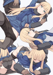 Rule 34 | 1boy, 1girl, all fours, aqua eyes, ass, beret, black headwear, black panties, blonde hair, blue dress, blue jacket, blue scarf, blush, breasts, brown gloves, cameltoe, closed eyes, clothes pull, cropped jacket, disembodied hand, dress, fate/grand order, fate (series), fur collar, gloves, grabbing, grabbing another&#039;s breast, grey rose, grin, hat, hetero, highres, jacket, long hair, long sleeves, looking at viewer, lord el-melloi ii case files, medium breasts, multiple views, panties, pantyhose, pantyhose pull, reines el-melloi archisorte, scarf, shiseki hirame, sidelocks, smile, underwear