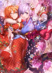 Rule 34 | 2girls, alternate costume, banknote, between fingers, breasts, brown eyes, brown hair, commentary request, fate/grand order, fate (series), floral print, flower, fujimaru ritsuka (female), hair flower, hair ornament, highres, holding, japanese clothes, kimono, kyjsogom, mash kyrielight, medium breasts, money, multiple girls, obi, one eye closed, one side up, purple eyes, purple hair, saint quartz (fate), sash, short hair, star (symbol), wallet