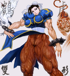 Rule 34 | bad hands, brown hair, capcom, china dress, chinese clothes, chun-li, double bun, dress, artistic error, extreme muscles, muscular, pantyhose, sainticon, street fighter, thighs, veins