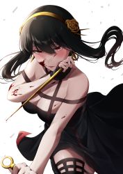 Rule 34 | 1girl, black dress, black hair, blood, blood on face, blood splatter, bloody weapon, blush, breasts, cleavage, dress, dual wielding, floating hair, flower, hair between eyes, hair flower, hair ornament, hairband, highres, holding, long hair, looking at viewer, medium breasts, nagura shiro, red eyes, short dress, sleeveless, sleeveless dress, solo, spy x family, thighhighs, twintails, weapon, white background, yellow flower, yellow hairband, yor briar