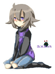 Rule 34 | 1girl, bad id, bad pixiv id, bags under eyes, black legwear, copyright name, expressionless, full body, looking at viewer, lowres, simple background, sitting, skirt, solo, to (pixid1127), turtleneck, urotsuki, yume 2kki