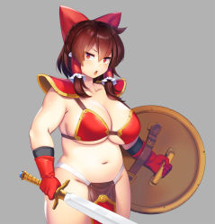 Rule 34 | 1girl, armor, bikini armor, bow, breasts, brown hair, cleavage, cookie (touhou), cosplay, dragon quest, dragon quest iii, hair bow, hair ribbon, hair tubes, hakurei reimu, highres, holding, holding sword, holding weapon, large breasts, loincloth, looking at viewer, navel, no panties, plump, red eyes, reu (cookie), ribbon, shield, simple background, soldier (dq3), soldier (dq3) (cosplay), solo, sword, tarmo, touhou, weapon