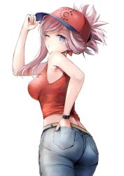 Rule 34 | 1girl, ass, bare shoulders, baseball cap, blue eyes, breasts, denim, fate/grand order, fate (series), from behind, hat, highres, hnyk kon, jeans, large breasts, long hair, looking at viewer, miyamoto musashi (fate), one eye closed, pants, pink hair, ponytail, shiny skin, sideboob, solo, tank top