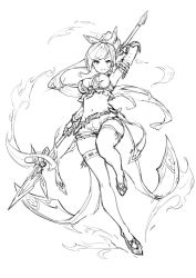Rule 34 | 1girl, belt, bracer, breasts, character request, closed mouth, commentary request, elbow gloves, gloves, granblue fantasy, greyscale, hand up, haoni, holding, holding weapon, large breasts, long hair, looking at viewer, monochrome, polearm, ponytail, short shorts, shorts, simple background, sketch, smile, solo, spear, standing, standing on one leg, thighhighs, v-shaped eyebrows, very long hair, weapon, white background