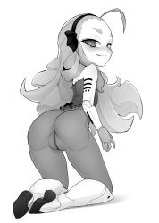 Rule 34 | 1girl, ahoge, android, ass, bangs pinned back, bare shoulders, blush, borrowed character, from behind, full body, greyscale, hairband, highres, kneeling, long hair, looking at viewer, looking back, monochrome, original, pantyhose, rodecchi, simple background, smile, solo, thick eyebrows