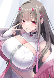 Rule 34 | 1girl, absurdres, bare shoulders, black collar, blush, breasts, cellphone, choker, cleavage, clothes writing, collar, crop top, fingerless gloves, gloves, goddess of victory: nikke, grin, hair intakes, heart collar, highres, holding, holding phone, holographic clothing, horns, jacket, large breasts, light brown hair, long hair, mask, mask pull, mole, mole under eye, mouth mask, off-shoulder jacket, off shoulder, phone, pink horns, pink jacket, pleated skirt, red eyes, skirt, smartphone, smile, solo, v, viper (nikke), white skirt, yuura (yuura ephyra), zipper, zipper pull tab