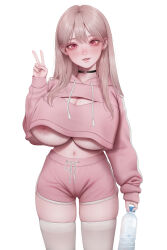 Rule 34 | 1girl, absurdres, accidental exposure, blush, bottle, breasts, choker, cleavage, cleavage cutout, clothing cutout, cowboy shot, cropped hoodie, dolphin shorts, drawstring, head tilt, highres, hood, hoodie, huge breasts, long hair, long sleeves, looking at viewer, madan (kkh8936), midriff, mole, mole on breast, mole under eye, navel, nipple slip, nipples, no bra, original, pink eyes, pink hair, pink hoodie, pink shorts, short shorts, shorts, simple background, smile, solo, straight-on, thick thighs, thighhighs, thighs, underboob, v, wardrobe malfunction, water bottle, white background, white thighhighs, workout clothes