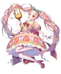 Rule 34 | 1girl, bad id, bad pixiv id, cake, dress, earrings, food, food-themed earrings, food print, food themed earrings, fork, frilled sleeves, frills, gloves, hair ornament, hair ribbon, high heels, highres, holding, holding fork, jewelry, leaf hair ornament, lolita fashion, long hair, looking at viewer, momoiro danki, original, oversized object, personification, pink footwear, pink hair, pink heels, print dress, puffy short sleeves, puffy sleeves, red eyes, ribbon, sash, short sleeves, simple background, solo, strawberry earrings, strawberry print, strawberry shortcake, striped clothes, striped thighhighs, sweet lolita, thighhighs, twintails, vertical-striped clothes, vertical-striped thighhighs, very long hair, white background, white gloves
