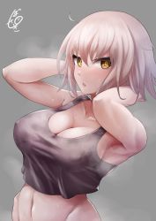 Rule 34 | 1girl, ahoge, armpits, arms behind head, bare arms, bare shoulders, blush, breasts, cleavage, covered erect nipples, crop top, fate/grand order, fate (series), from side, grey background, highres, jeanne d&#039;arc (fate), jeanne d&#039;arc alter (avenger) (fate), jeanne d&#039;arc alter (fate), large breasts, looking at viewer, looking to the side, navel, parted lips, short hair, silver hair, simple background, solo, sowel (sk3), stomach, sweat, tank top, upper body, yellow eyes