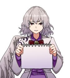Rule 34 | 1girl, angel wings, annoyed, bow, bowtie, collared shirt, dress, feathered wings, ghostship55, hair between eyes, holding, holding notebook, jacket, kishin sagume, long sleeves, looking at viewer, medium hair, notebook, purple dress, red bow, red bowtie, red eyes, shirt, simple background, single wing, solo, suit jacket, template, touhou, upper body, white background, white hair, white wings, wings
