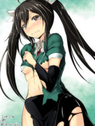 Rule 34 | 10s, 1girl, black hair, blush, breasts, brown eyes, cowboy shot, dated, embarrassed, gin&#039;ichi (akacia), hair between eyes, highres, kantai collection, long hair, looking at viewer, midriff, navel, shiny skin, small breasts, solo, tareme, tears, tone (kancolle), torn clothes, twintails, twitter username, underboob