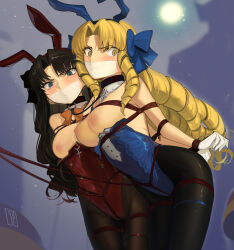 Rule 34 | 2girls, animal ears, bare shoulders, bdsm, black hair, black pantyhose, blonde hair, blue eyes, blue leotard, blush, bondage, bound, bow, breasts, brown pantyhose, cad (caddo), covered navel, detached collar, drill hair, fake animal ears, fate/hollow ataraxia, fate/stay night, fate (series), female focus, gag, gagged, gloves, hair bow, highleg, highleg leotard, highres, improvised gag, large breasts, leotard, long hair, looking at viewer, luviagelita edelfelt, matching hair/eyes, medium breasts, multiple girls, nipples, pantyhose, parted bangs, playboy bunny, quad drills, rabbit ears, red leotard, restrained, shibari, tape, tape gag, thighs, tohsaka rin, two side up, white gloves, yellow eyes