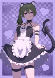 Rule 34 | 1girl, animal ears, aoi suzu, apron, bare shoulders, black dress, breasts, cat ears, cat tail, dress, green hair, highres, licking lips, long hair, looking at viewer, maid, medium breasts, purple eyes, side ponytail, smile, solo, sousou no frieren, tail, thighs, tongue, tongue out, ubel (sousou no frieren), white apron