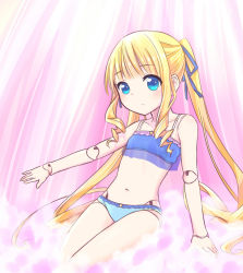 Rule 34 | 1girl, blonde hair, blue bra, blue eyes, blue panties, blue ribbon, bra, cinderella bust, curly hair, doll joints, eki mirin, eyebrows, flat chest, hair ribbon, highres, joints, long hair, looking at viewer, navel, outstretched arm, panties, ribbon, rozen maiden, shinku, solo, twintails, underwear, underwear only, very long hair
