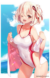 Rule 34 | 1girl, ;d, artist name, blonde hair, blue sky, breasts, cloud, commentary request, covered navel, day, hair ribbon, hong (white spider), jacket, large breasts, lycoris recoil, nishikigi chisato, ocean, one-piece swimsuit, one eye closed, open mouth, outdoors, outside border, patreon username, red eyes, red ribbon, ribbon, sky, smile, solo, swimsuit, teeth, thighs, upper teeth only, white jacket, white one-piece swimsuit
