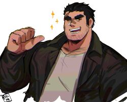 Rule 34 | 1boy, :d, absurdres, bandaid, bandaid on face, bandaid on nose, bara, beard stubble, black hair, chest hair peek, cropped torso, facial hair, highres, huge eyebrows, jacket, large hands, large pectorals, leather, leather jacket, lucas lee, male focus, muscular, muscular male, one eye closed, open mouth, pectoral cleavage, pectorals, pointing, pointing at self, ruslorc, scott pilgrim (series), scott pilgrim takes off, shirt, short hair, sideburns stubble, smile, solo, sparkling aura, stubble, t-shirt, unfinished