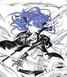 Rule 34 | 1girl, arknights, black horns, blue eyes, blue hair, capelet, commentary, eye trail, floating hair, gloves, greyscale, grin, highres, holding, holding polearm, holding weapon, horns, light trail, long hair, looking at viewer, medium bangs, monochrome, mostima (arknights), polearm, shirt, smile, solo, spear, spot color, tugmix, upper body, weapon, white background