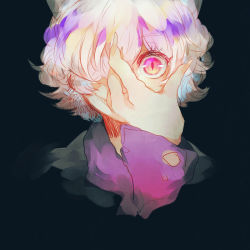 Rule 34 | androgynous, animal ears, bad id, bad pixiv id, cat ears, claws, gender request, grin, hair over one eye, hunter x hunter, long sleeves, neferpitou, olenji, other focus, pink eyes, sharp teeth, short hair, silver hair, slit pupils, smile, solo, teeth, upper body