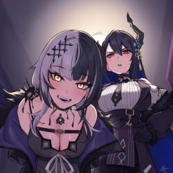 Rule 34 | 2girls, asymmetrical horns, black choker, black coat, black dress, black gloves, black hair, black horns, blue hair, blush, breasts, choker, cleavage, coat, colored inner hair, commentary, dasdokter, dress, english commentary, gloves, hair ornament, hand on own hip, highres, hololive, hololive english, horn flower, horns, indoors, lace, lace choker, large breasts, leaning forward, long hair, looking at viewer, looking down, mole, mole under eye, multicolored hair, multiple girls, nerissa ravencroft, nerissa ravencroft (1st costume), off shoulder, open mouth, parted lips, pov, red eyes, shiori novella, shiori novella (1st costume), signature, slit pupils, smile, split-color hair, standing, tassel, tassel hair ornament, teeth, two-tone hair, uneven horns, v-shaped eyebrows, very long hair, virtual youtuber, white hair, yellow eyes