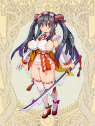Rule 34 | 1girl, black hair, breasts, bright pupils, covered erect nipples, curvy, dairoku ryouhei, detached sleeves, earrings, eyes visible through hair, full body, hairband, holding, holding sword, holding weapon, horns, huge breasts, jewelry, long hair, navel, official art, red eyes, red footwear, ryoji (nomura ryouji), sideboob, smile, solo, strappy heels, sword, thighhighs, twintails, weapon, white thighhighs