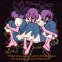 Rule 34 | 3girls, artist name, barefoot, black background, blouse, blue dress, bow, chromatic aberration, cirno, clone, covered eyes, covering face, covering own eyes, crossed ankles, dress, english text, facing viewer, fetal position, from side, full body, hair bow, hair over eyes, hugging own legs, medium hair, multiple girls, pinafore dress, puffy short sleeves, puffy sleeves, purple hair, scanlines, shaded face, shirt, short sleeves, skullchimes, sleeveless, sleeveless dress, subtitled, touhou, white shirt