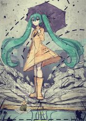 Rule 34 | 1girl, absurdres, aqua hair, text background, boots, dress, frog, full body, hair between eyes, highres, holding, holding umbrella, long hair, pimienta kast, reflection, reflective water, rubber boots, twintails, umbrella, very long hair, vocaloid