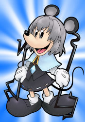 Rule 34 | 1girl, animal ears, disney, female focus, full body, gloves, gradient background, grey hair, jewelry, matsumoto tomoyohi, mickey mouse, mouse ears, mouse tail, nazrin, parody, pendant, short hair, solo, tail, touhou, what
