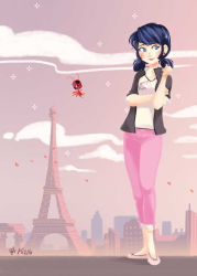 Rule 34 | 1girl, artist name, bad id, bad tumblr id, blue eyes, blue hair, building, city, earrings, eiffel tower, flats, full body, highres, jacket, jewelry, k1216, marinette dupain-cheng, miraculous ladybug, nail polish, petals, signature, skyscraper, sleeves rolled up, smile, tikki (miraculous ladybug), twintails, white nails