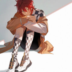 Rule 34 | 1boy, amagi rinne, blue eyes, checkered clothes, checkered shirt, closed mouth, earrings, ensemble stars!, eyokiki, hair between eyes, hugging own legs, jewelry, long sleeves, looking to the side, male focus, off shoulder, one eye closed, red hair, shirt, shoes, short hair, sitting, smile, socks