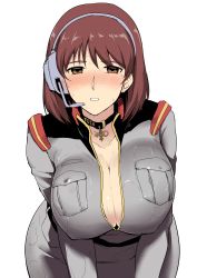 Rule 34 | 1girl, belt, blush, breasts, brown eyes, brown hair, cleavage, collar, covered erect nipples, gundam, gundam lost war chronicles, halcon, headset, highres, huge breasts, leaning forward, looking at viewer, military, military uniform, noel anderson, parted lips, profanity, shiny skin, short hair, simple background, solo, sweat, teeth, uniform, white background