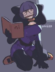 Rule 34 | 1girl, absurdres, blunt bangs, bob cut, book, breasts, creatures (company), full body, game freak, glasses, highres, holding, holding book, medium breasts, mouth hold, nintendo, open book, orange footwear, pantyhose, pokemon, pokemon bw, purple hair, round eyewear, shauntal (pokemon), shoes, signature, solo, whoopsatro