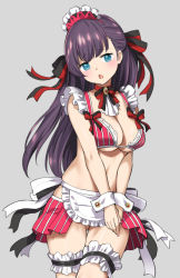 Rule 34 | 1girl, apron, bikini, black hair, black ribbon, breasts, cleavage, commentary request, gem, grey background, hair ribbon, long hair, looking at viewer, maid, maid bikini, maid headdress, open mouth, original, pink bikini, red ribbon, ribbon, simple background, solo, swimsuit, thigh strap, tyone, unconventional maid, white apron