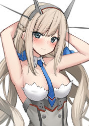 Rule 34 | 1girl, akahi242, arms up, between breasts, blue bow, blue necktie, blush, bow, breasts, closed mouth, dress, hair between eyes, hair bow, headgear, highres, kantai collection, light brown hair, long hair, looking at viewer, low twintails, maryland (kancolle), medium breasts, necktie, necktie between breasts, sidelocks, simple background, sketch, solo, strapless, strapless dress, twintails, upper body, very long hair, white background