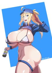 Rule 34 | 1girl, absurdres, alcohol, artoria pendragon (fate), beer, blonde hair, blue eyes, breasts, dais729sof, fate/grand order, fate (series), female focus, highres, huge breasts, mysterious heroine x (fate), mysterious heroine xx (fate), no panties, ponytail, solo