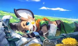 Rule 34 | 2boys, abs, animal ears, black gloves, blue eyes, blue sky, cape, cloud, crop top, dandelion, dandelion seed, fang, fingerless gloves, flower, furry, furry male, gloves, grass, green pants, green shirt, hashtag-only commentary, highres, looking at viewer, lying, male focus, mouse boy, mouse ears, multiple boys, muscular, muscular male, nimbus (world flipper), on grass, on side, open mouth, orange cape, pants, shirt, skin fang, sky, smile, sven (world flipper), tiger boy, waahurikya, world flipper