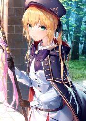 Rule 34 | 1girl, artoria caster (fate), artoria caster (second ascension) (fate), artoria pendragon (fate), beret, black cape, black gloves, black ribbon, blonde hair, blush, breasts, brick wall, buttons, cape, capelet, closed mouth, commentary request, cowboy shot, day, double-breasted, fate/grand order, fate (series), forest, from side, gloves, grass, green eyes, hair between eyes, hair ribbon, hakuishi aoi, hat, highres, holding, holding staff, hood, hood down, jacket, long hair, long sleeves, looking at viewer, multicolored hair, nature, outdoors, pantyhose, red skirt, ribbon, road, skirt, smile, solo, staff, standing, stone floor, sunlight, tree, twintails, two-tone hair, white hair, white jacket, white skirt